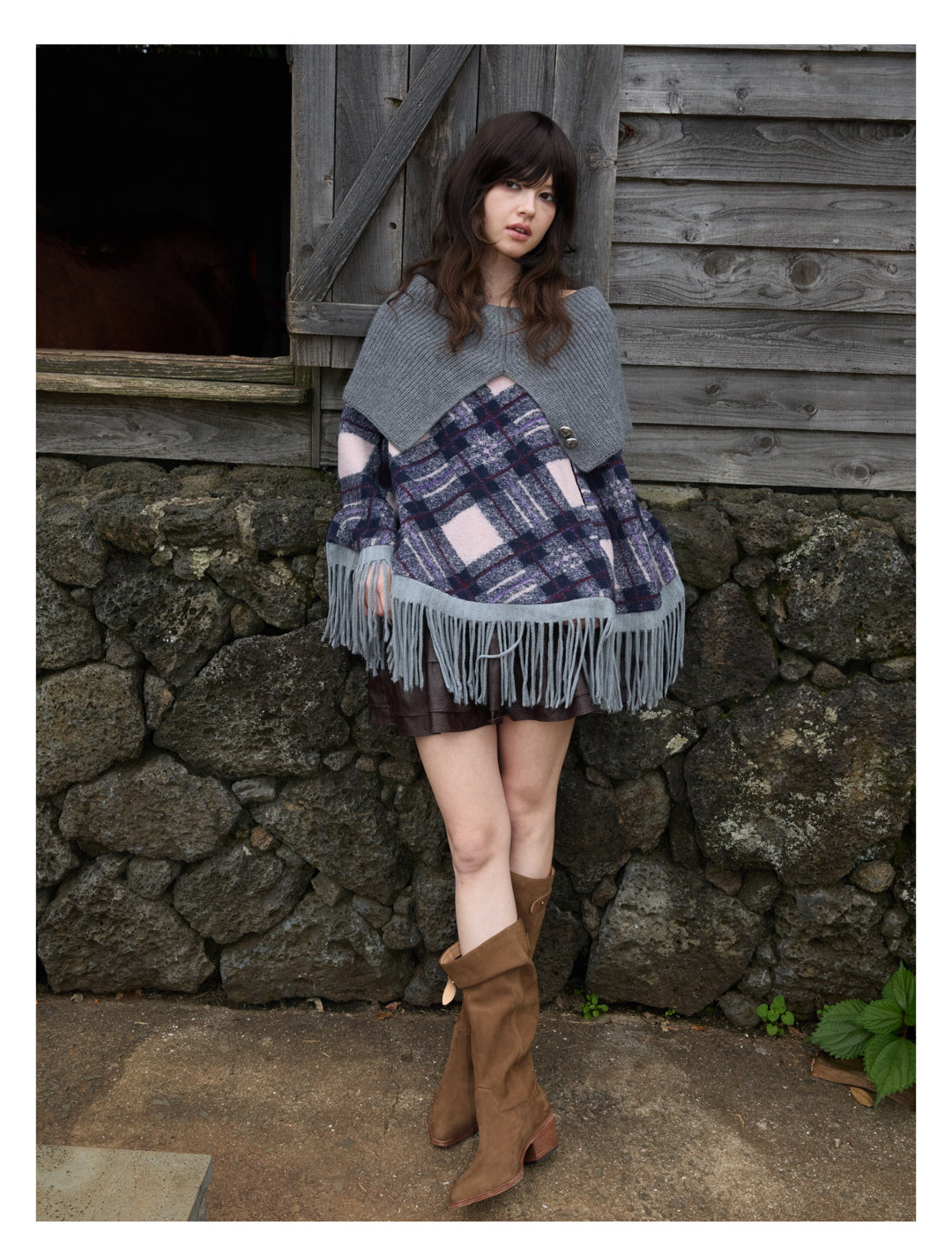 [S0021]Alice Gray-purple Plaid Sweater Knitted Cape