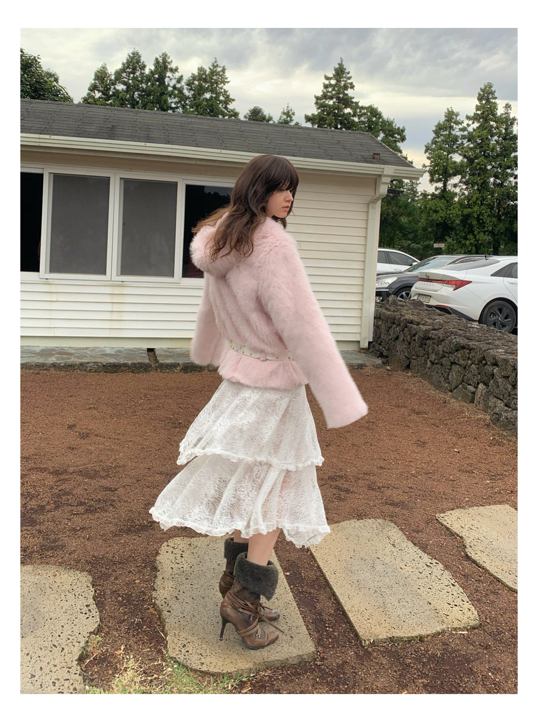 [S0010]Winter Cherry Blossom, Pink Furry Hooded Coat