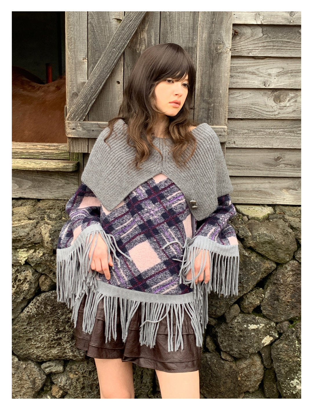 [S0021]Alice Gray-purple Plaid Sweater Knitted Cape