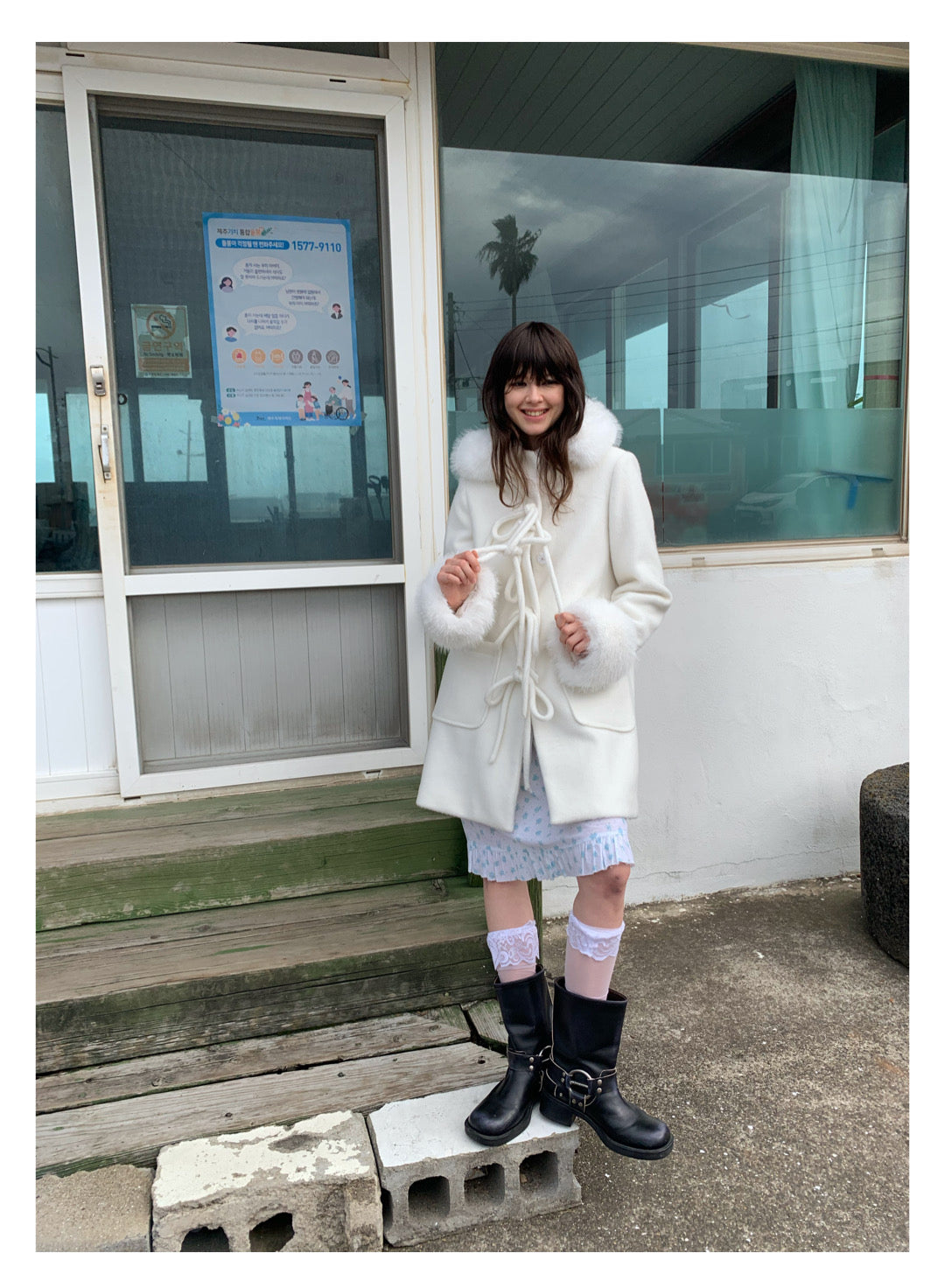 [S008]The Love in Antarctic White Fur Collar Woolen Coat