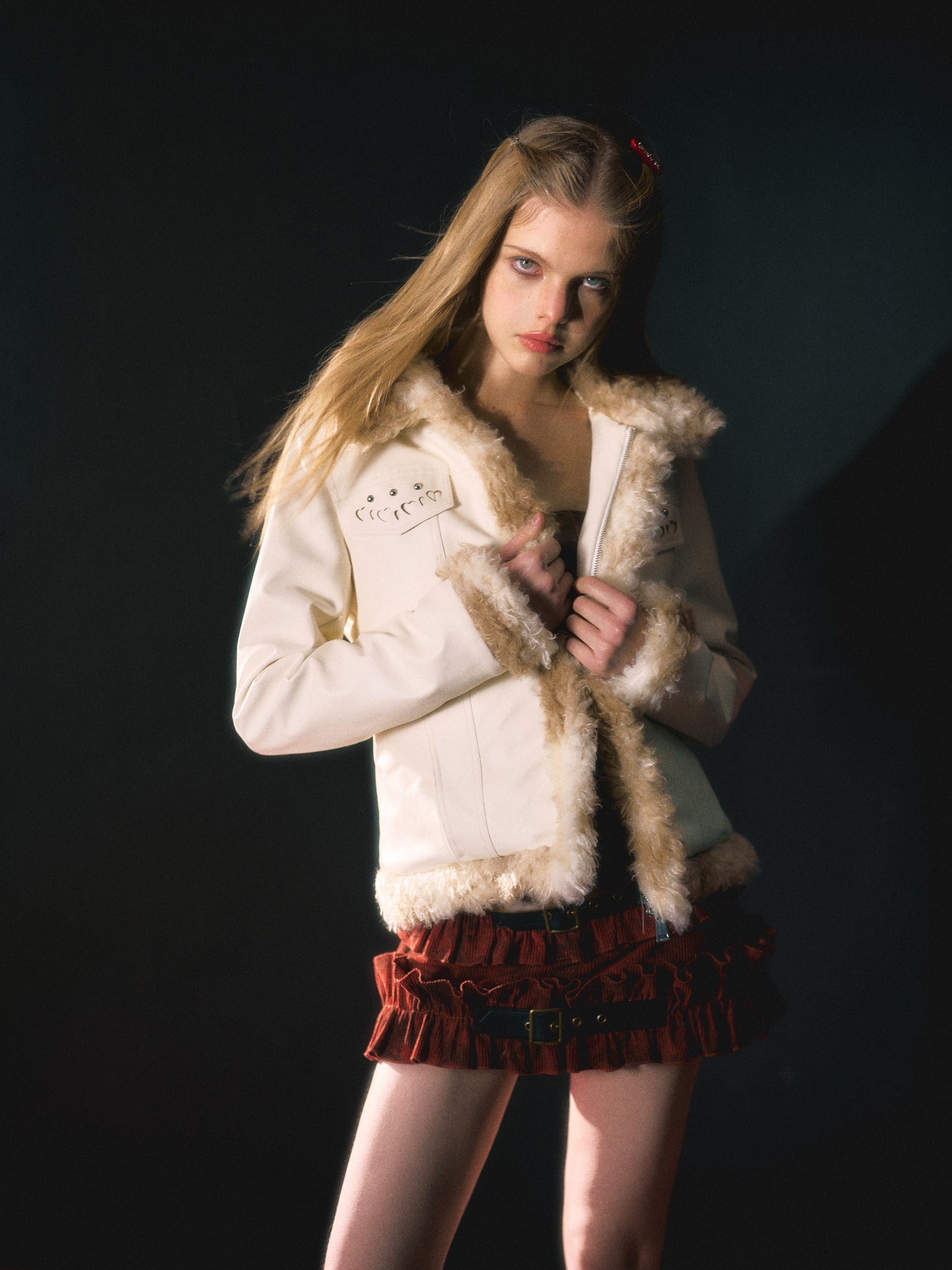 White fur collar leather jacket