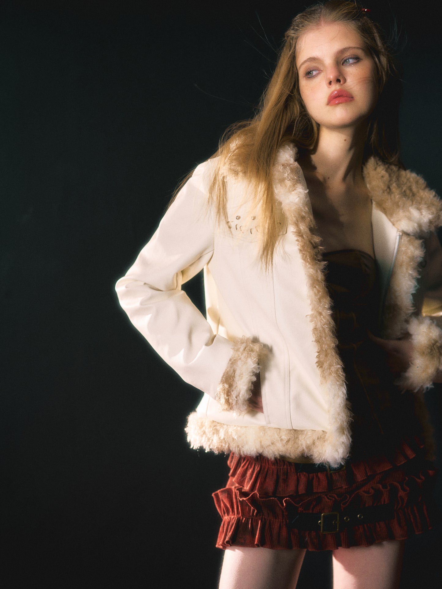 White fur collar leather jacket