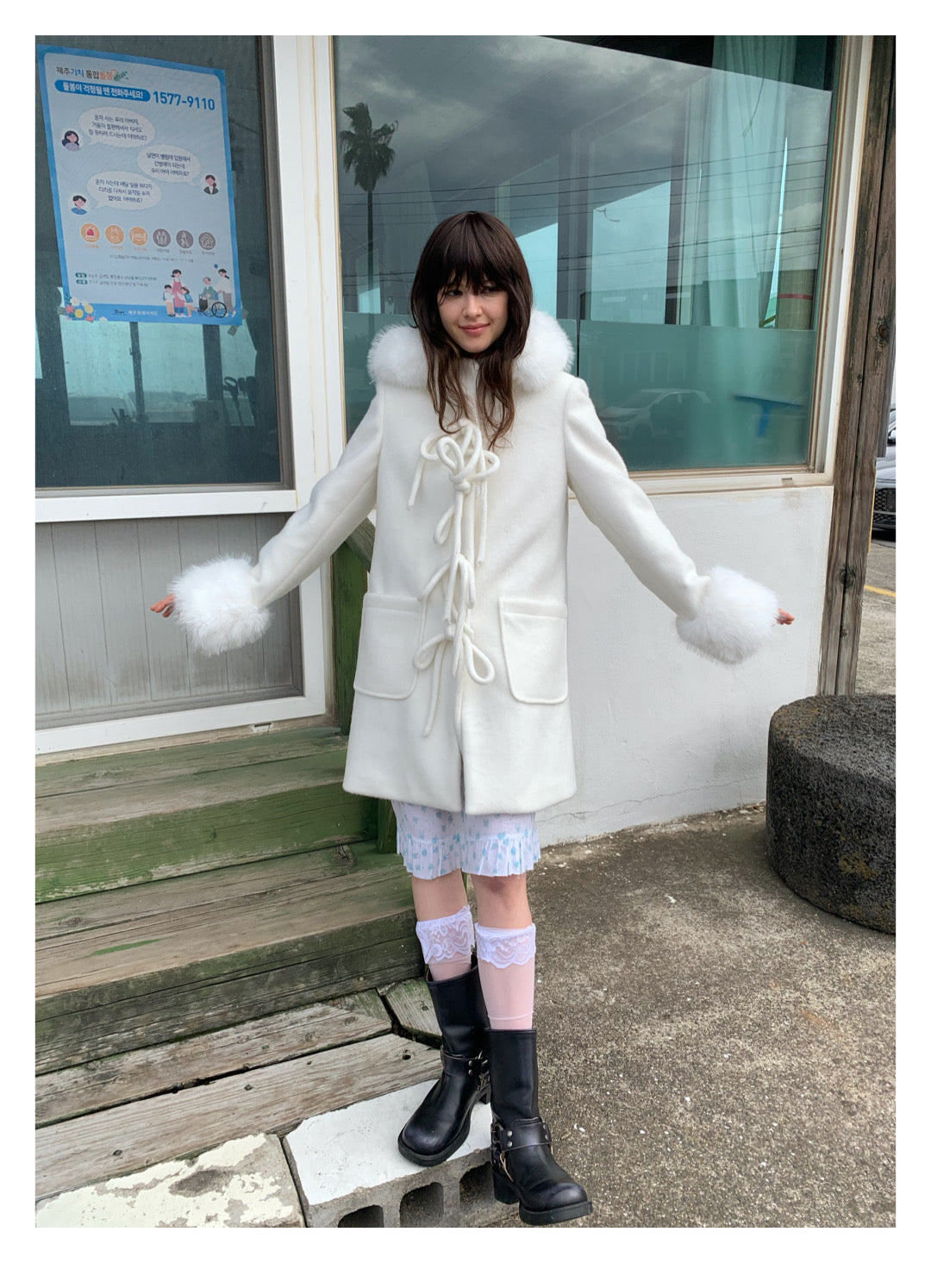 [S008]The Love in Antarctic White Fur Collar Woolen Coat