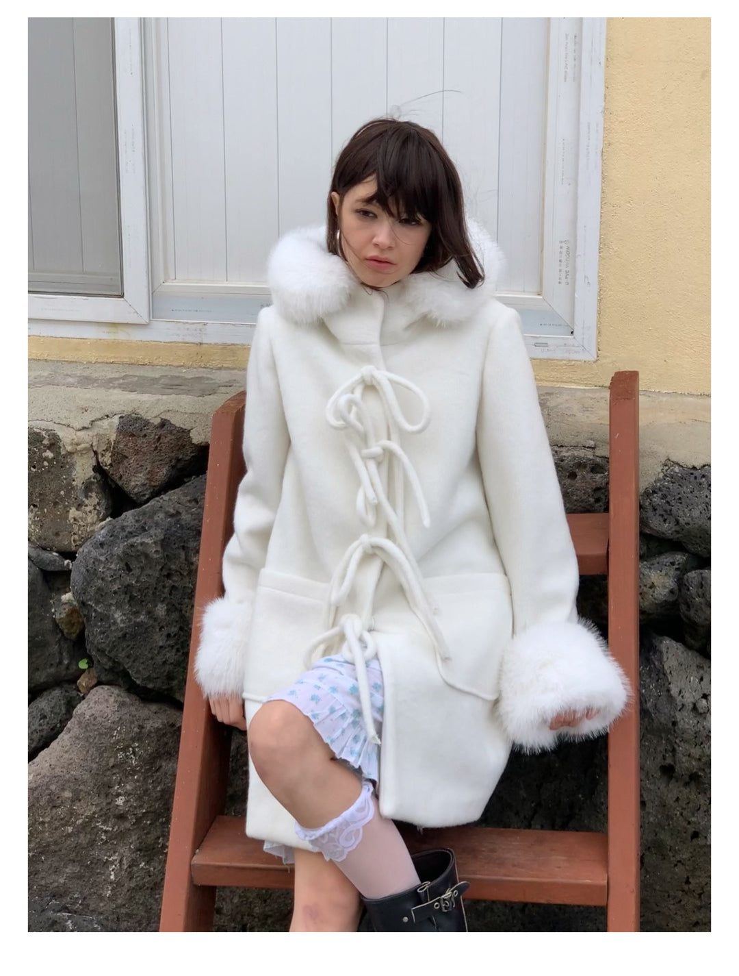 [S008]The Love in Antarctic White Fur Collar Woolen Coat