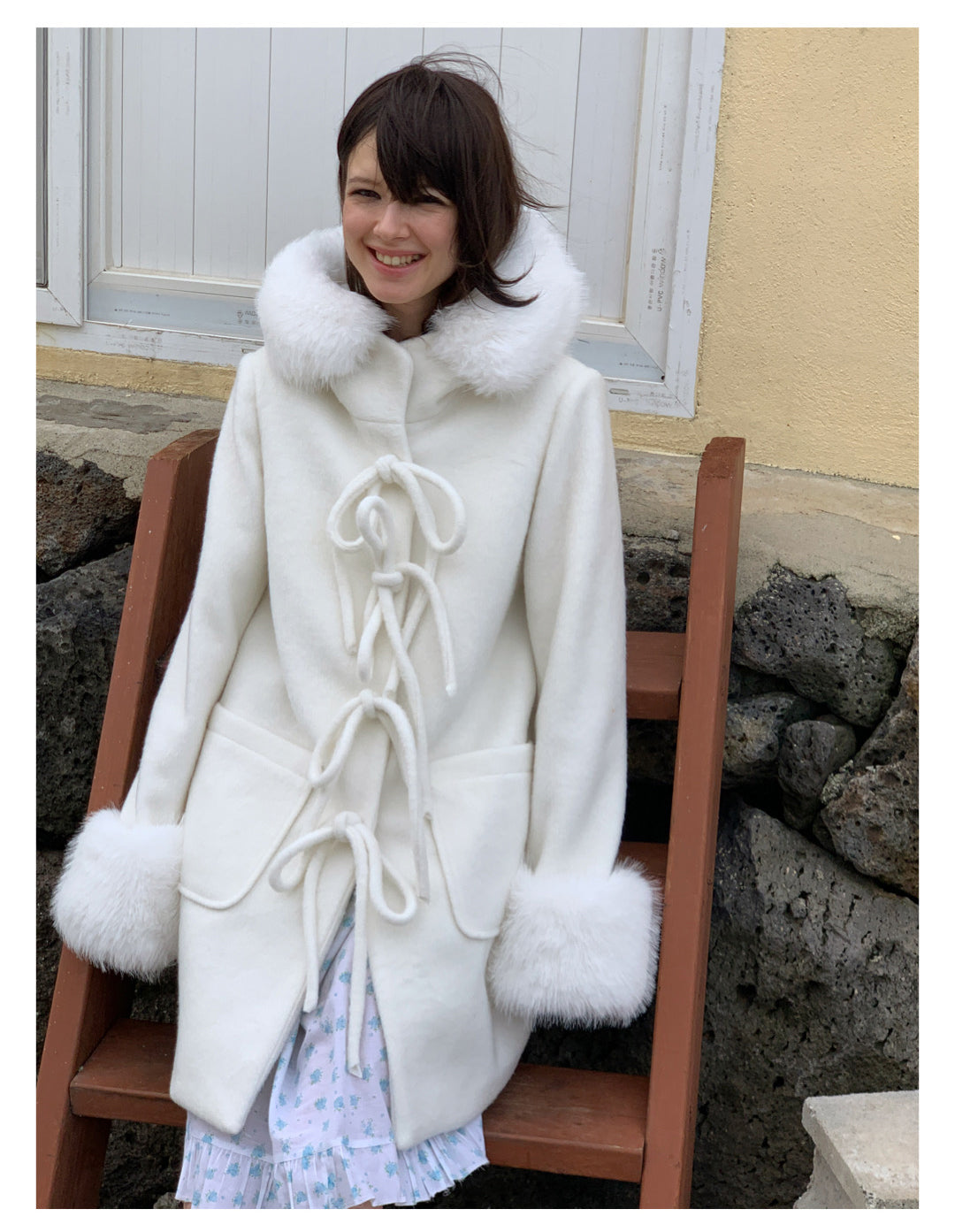 [S008]The Love in Antarctic White Fur Collar Woolen Coat