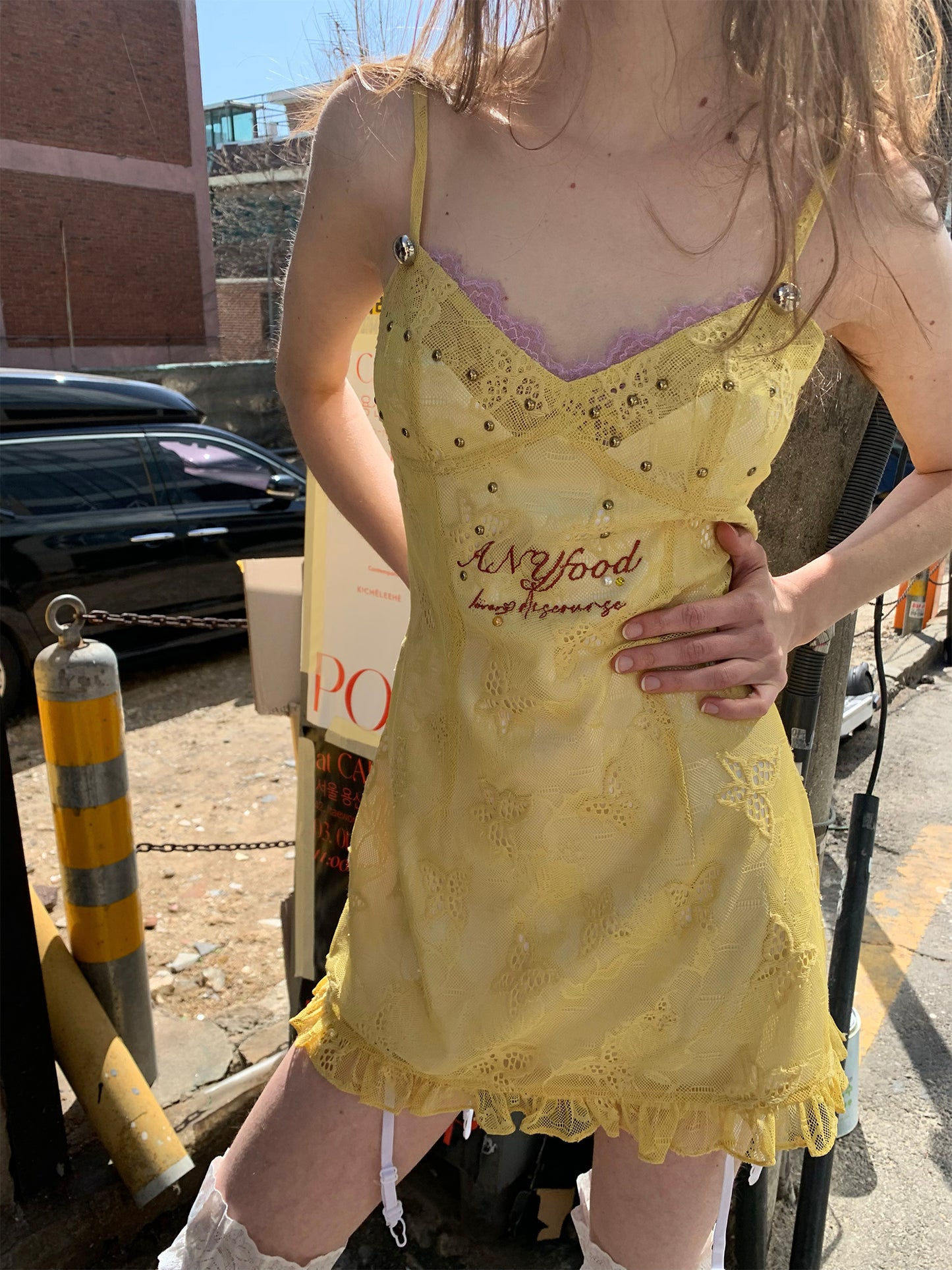 Lemon Yellow Lace Slip Dress