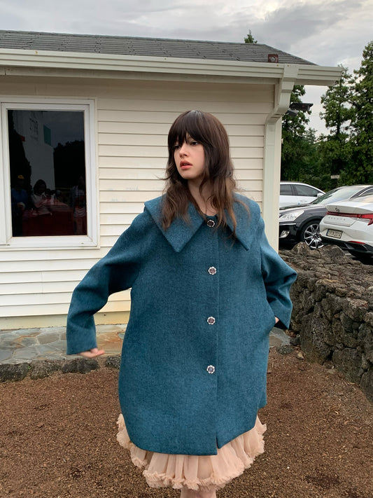 [S0019]Sapphire Blue Wool Vintage Doll Collar Woolen Coat