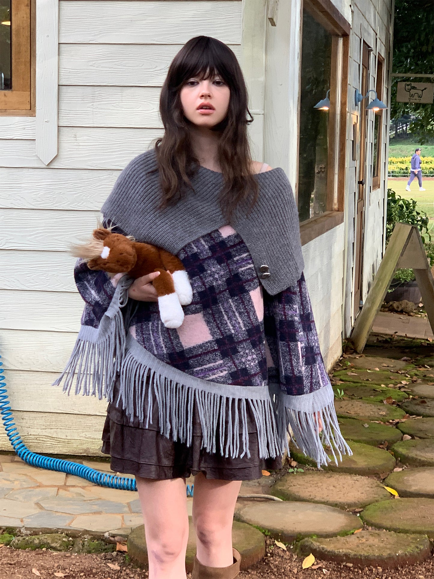 [S0021]Alice Gray-purple Plaid Sweater Knitted Cape