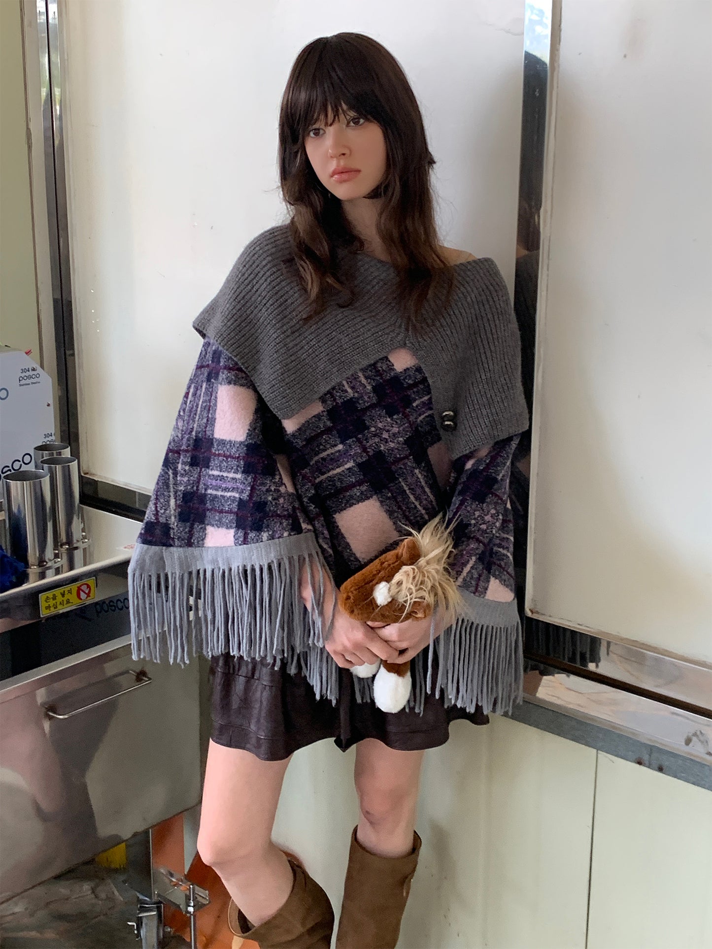 [S0021]Alice Gray-purple Plaid Sweater Knitted Cape