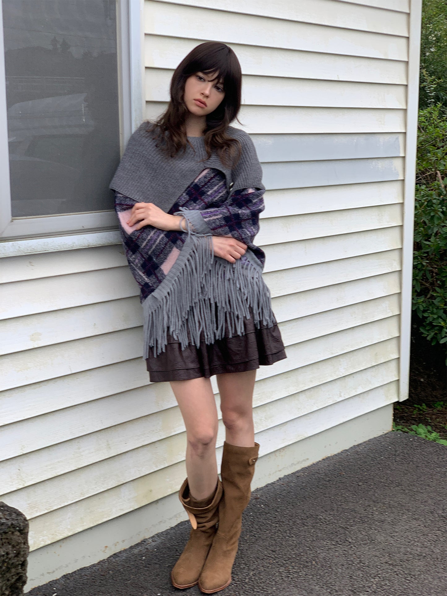 [S0021]Alice Gray-purple Plaid Sweater Knitted Cape