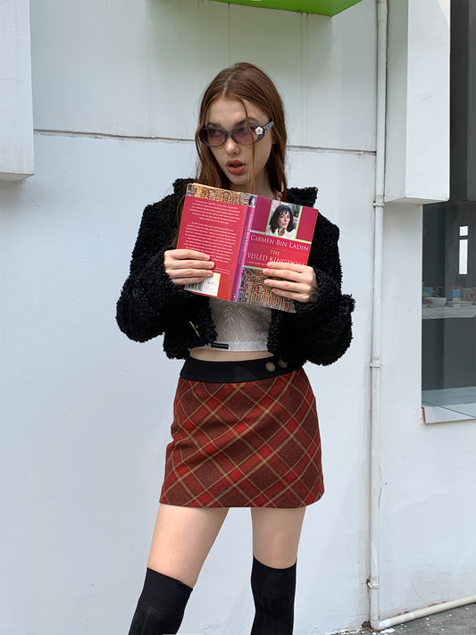 [C0042]Vintage red checked wool skirt