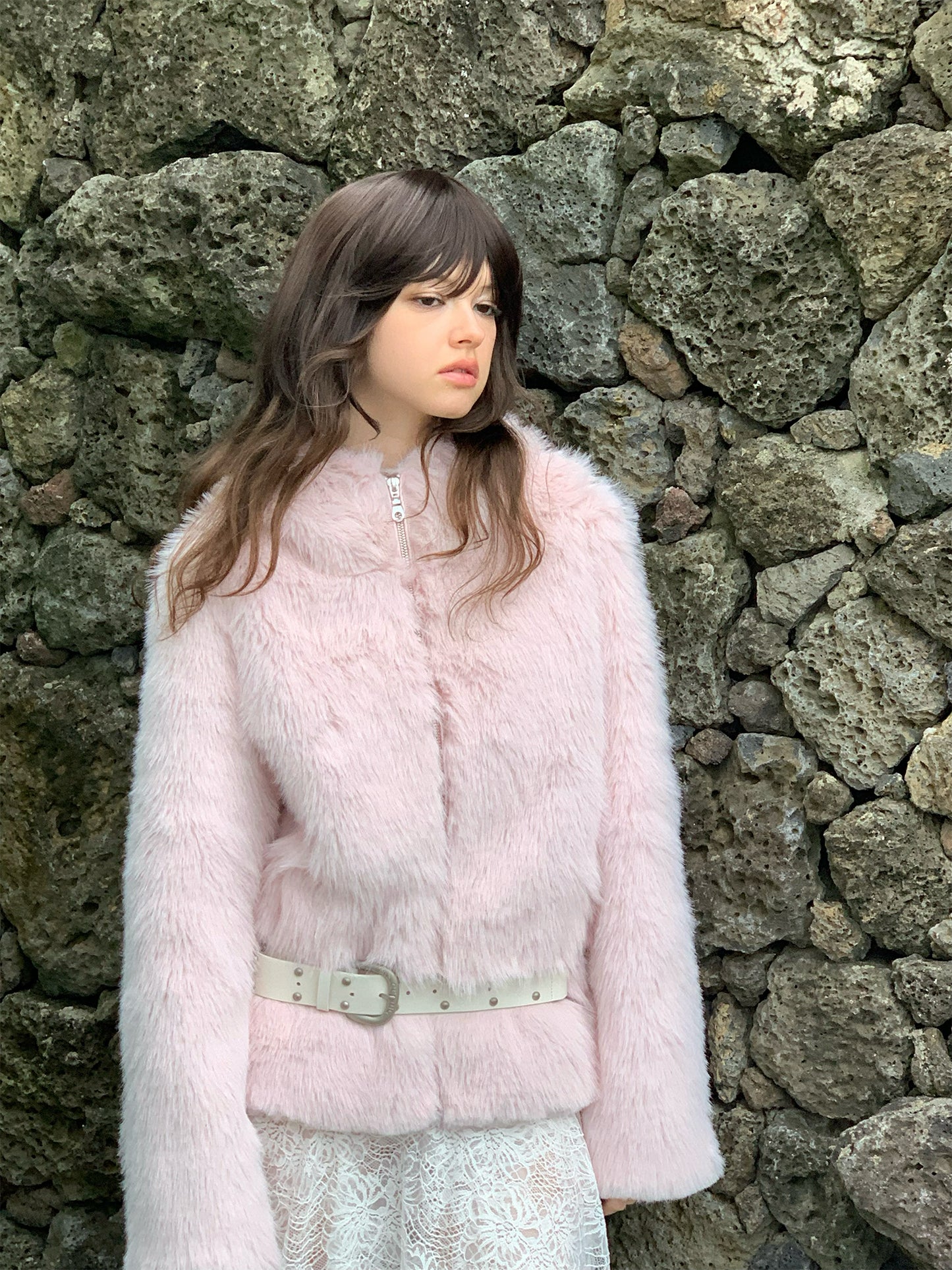 [S0010]Winter Cherry Blossom, Pink Furry Hooded Coat