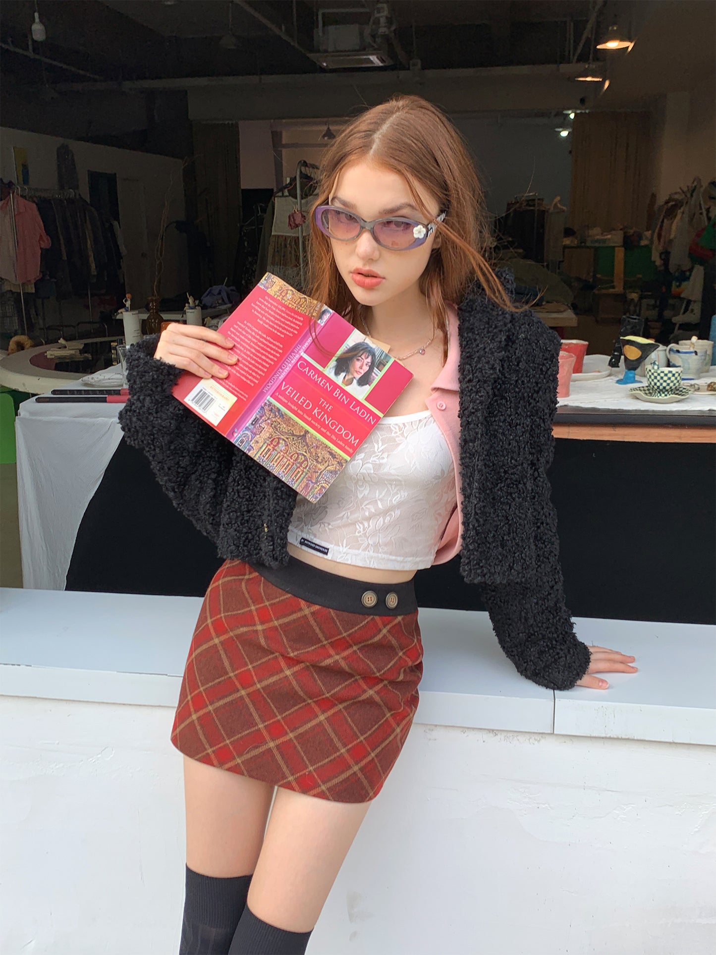 Vintage red checked wool skirt