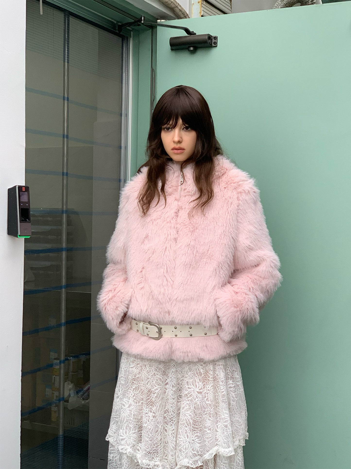 [S0010]Winter Cherry Blossom, Pink Furry Hooded Coat