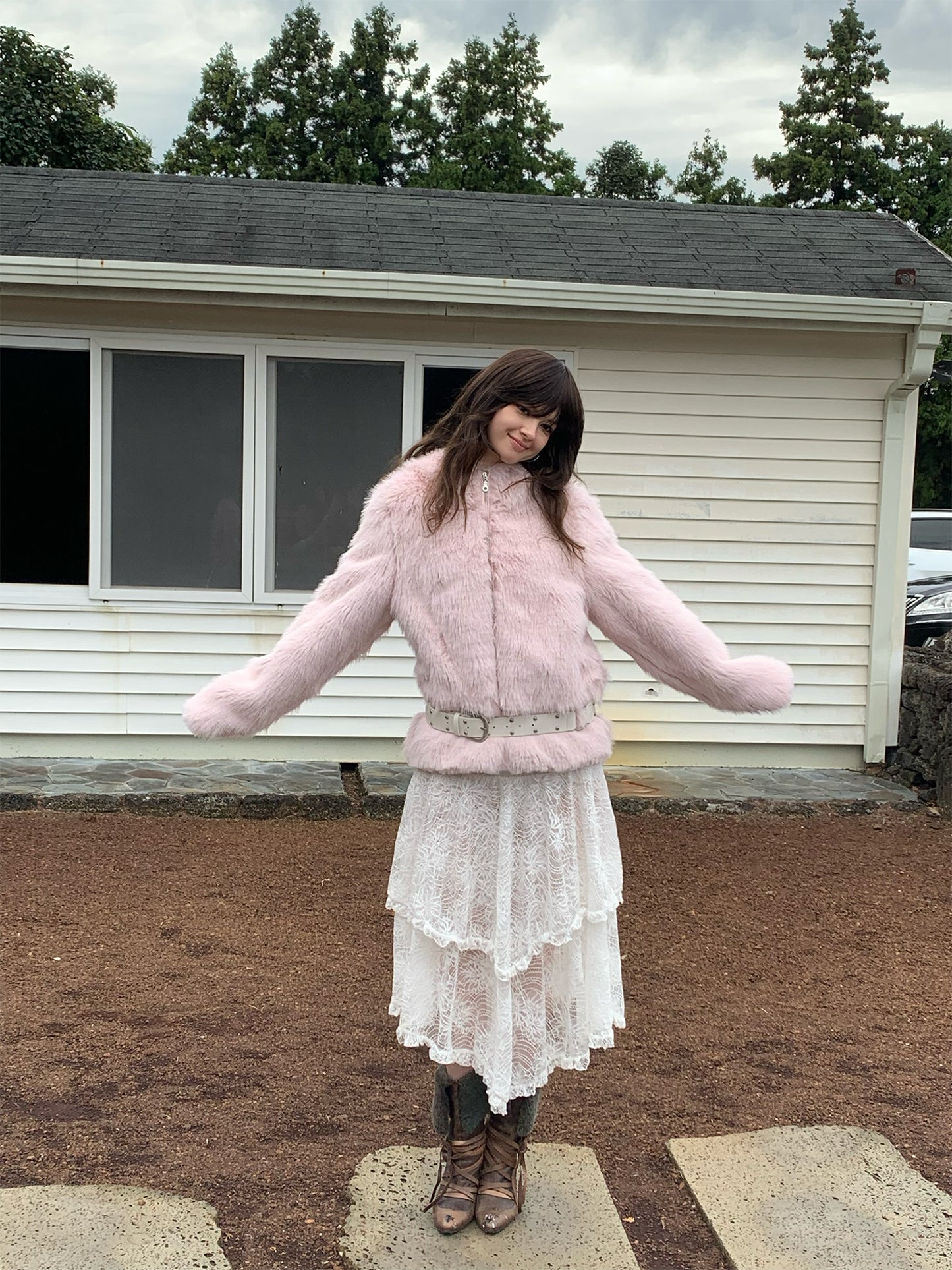 [S0010]Winter Cherry Blossom, Pink Furry Hooded Coat