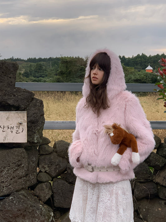 [S0010]Winter Cherry Blossom, Pink Furry Hooded Coat