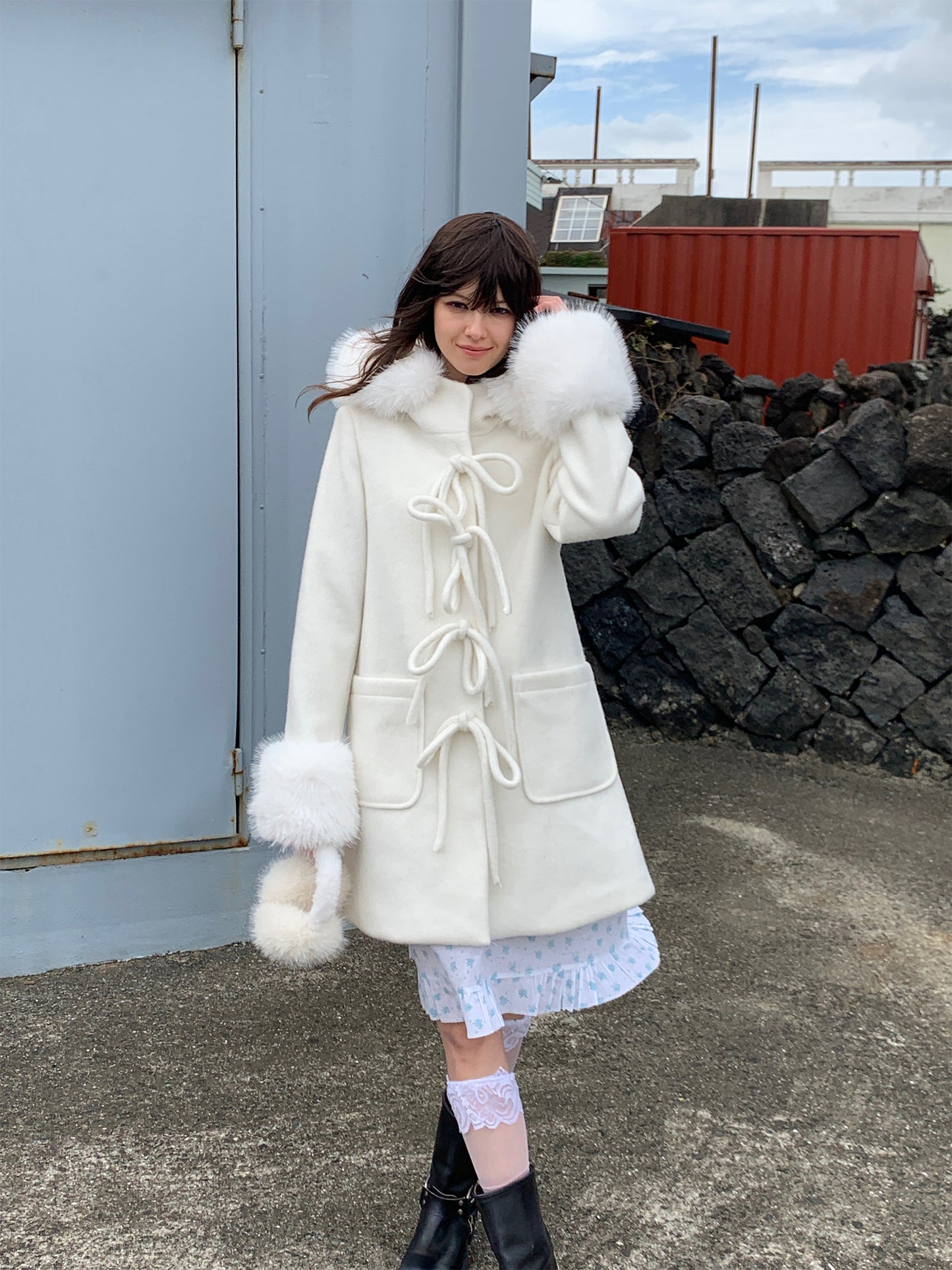 [S008]The Love in Antarctic White Fur Collar Woolen Coat