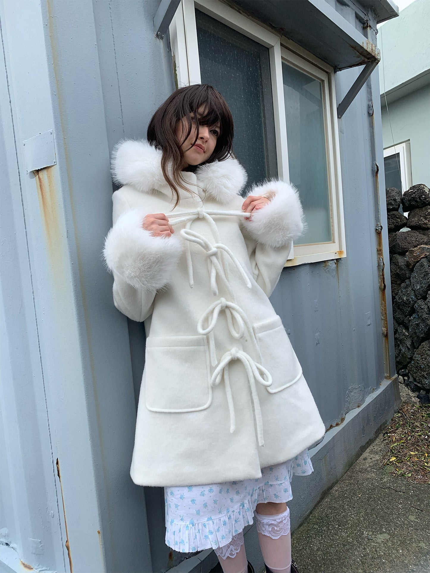 [S008]The Love in Antarctic White Fur Collar Woolen Coat