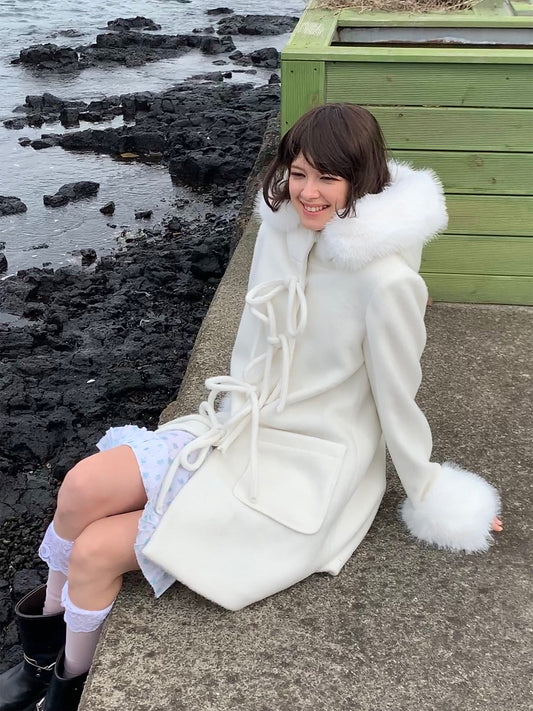 [S008]The Love in Antarctic White Fur Collar Woolen Coat