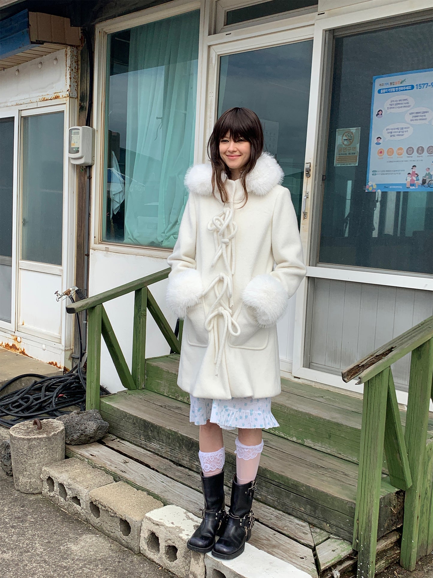 [S008]The Love in Antarctic White Fur Collar Woolen Coat