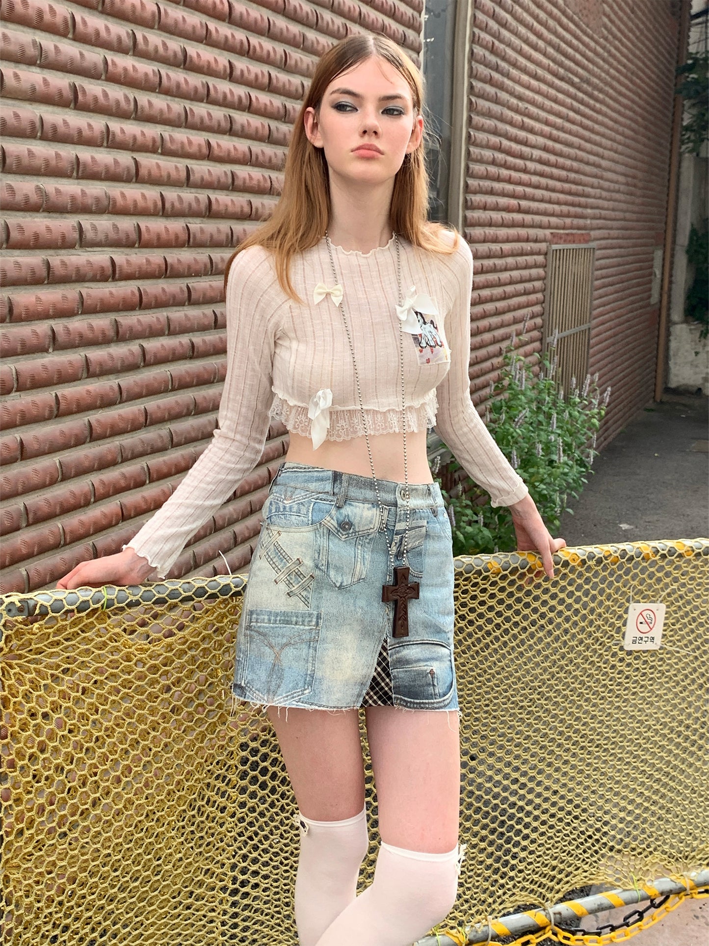 [G0050]fake print denim skirt