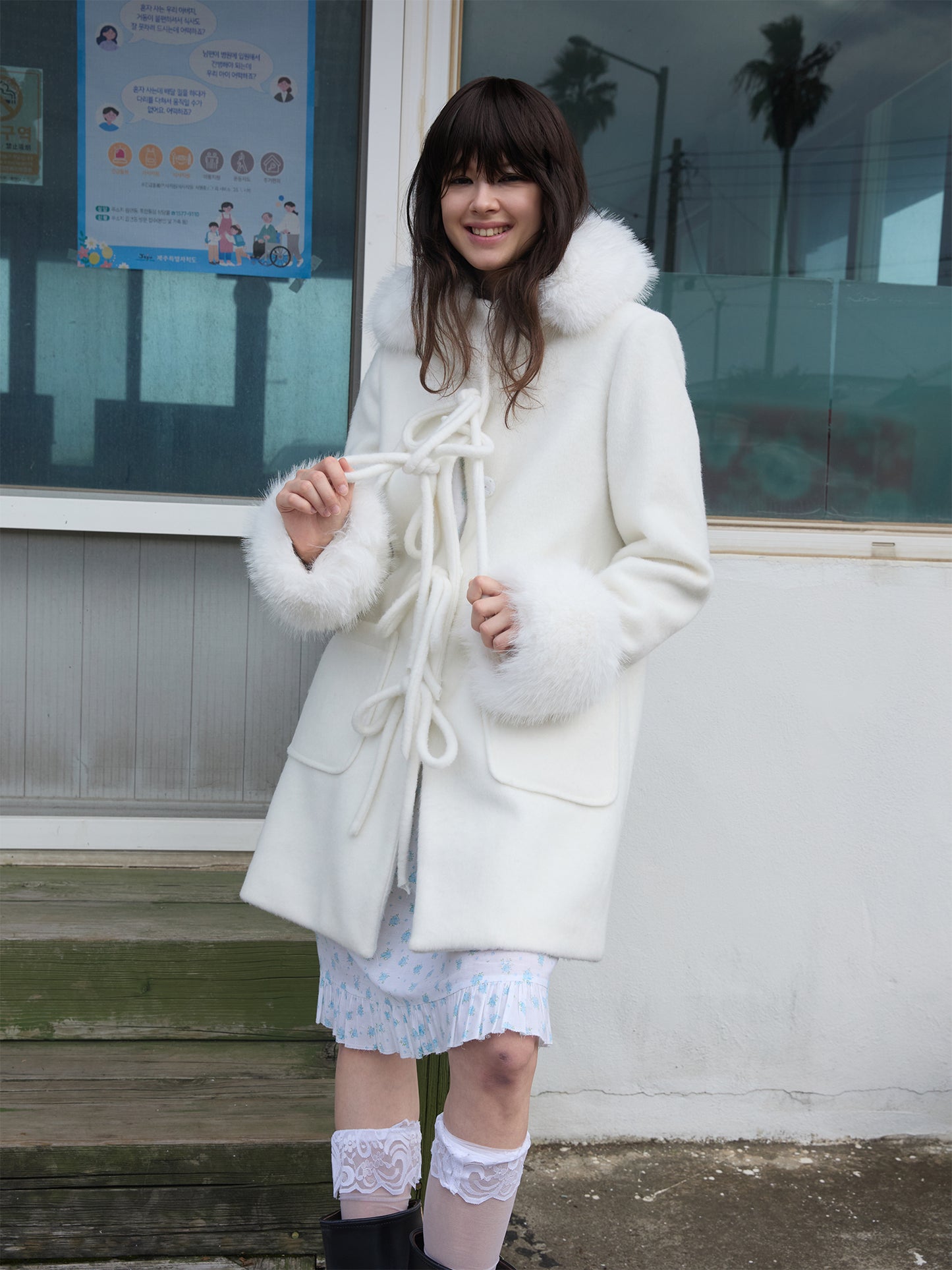 [S008]The Love in Antarctic White Fur Collar Woolen Coat